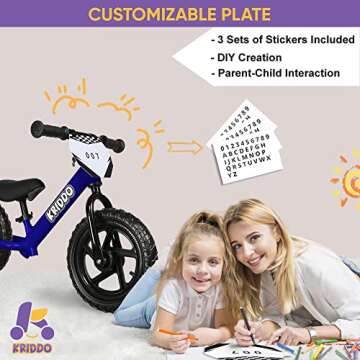 KRIDDO Toddler Balance Bike 2 Year Old, Age 18 Months to 5 Years Old, 12 Inch Push Bicycle with Customize Plate (3 Sets of Stickers Included), Steady Balancing, Gift Bike for 2-3 Boys Girls, Blue