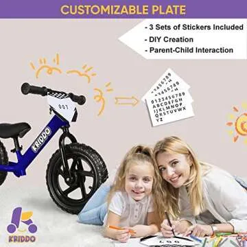 KRIDDO Toddler Balance Bike 2 Year Old, Age 18 Months to 5 Years Old, 12 Inch Push Bicycle with Customize Plate (3 Sets of Stickers Included), Steady Balancing, Gift Bike for 2-3 Boys Girls, Blue