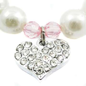 Alfie Pet - Pinky Crystal Heart Pearl Necklace - Size: S (8"- 10") for Dogs and Cats