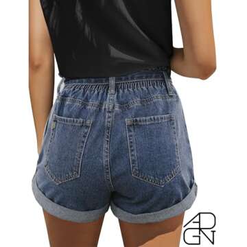GRAPENT Women's Casual High Waisted Belted Elastic Waist Roll Hem Denim Jean Shorts