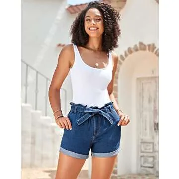 GRAPENT Women's Casual High Waisted Belted Elastic Waist Roll Hem Denim Jean Shorts