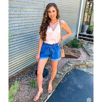 GRAPENT Women's Casual High Waisted Belted Elastic Waist Roll Hem Denim Jean Shorts
