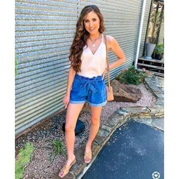 GRAPENT Women's Casual High Waisted Belted Elastic Waist Roll Hem Denim Jean Shorts