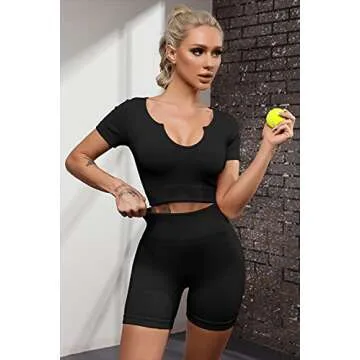 FAFOFA Yoga Outfits for Women 2 Piece Set,Sexy Notch Neck Stretchy Crop Top Workout Shorts Leggings S,Black(FAFCLS3077BL-S)