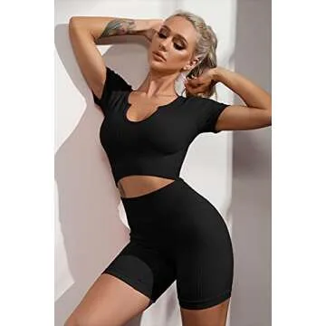 FAFOFA Yoga Outfits for Women 2 Piece Set,Sexy Notch Neck Stretchy Crop Top Workout Shorts Leggings S,Black(FAFCLS3077BL-S)