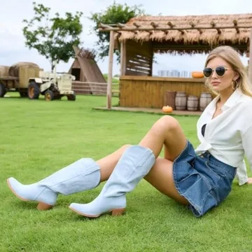 Stylish KaroNairy Women's Cowboy Boots - Sky Blue Faux Suede