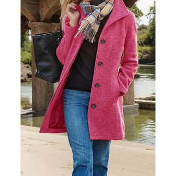 LAOMIT Women’s Single Breasted Thicken Fleece Blend Pea Coat Lapel Long Sleeve Solid Casual Mid Long Trench Coat with Pockets