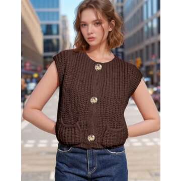 Wyeysyt Womens Sleeveless Crop Knit Cardigan Casual Button Down Cropped Knitted Sweater Vest with Po...