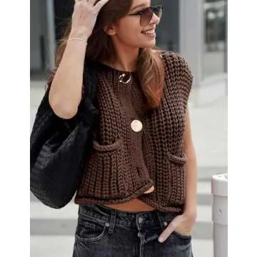 Wyeysyt Womens Sleeveless Crop Knit Cardigan Casual Button Down Cropped Knitted Sweater Vest with Pockets(Brown-L)