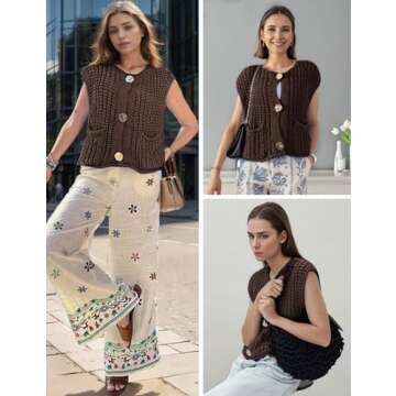Wyeysyt Womens Sleeveless Crop Knit Cardigan Casual Button Down Cropped Knitted Sweater Vest with Pockets(Brown-L)
