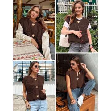 Wyeysyt Womens Sleeveless Crop Knit Cardigan Casual Button Down Cropped Knitted Sweater Vest with Pockets(Brown-L)