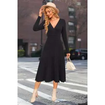 OUGES Black V Neck Sweater Dress for Women 2024