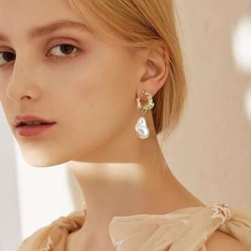 Yowivon Pearl Drop Earrings Baroque 14K Gold Plated Dangle Statement Earring Irregular Pearl Earring...