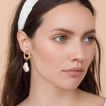 Yowivon Pearl Drop Earrings Baroque 14K Gold Plated Dangle Statement Earring Irregular Pearl Earrings Hypoallergenic Fashion Jewelry Wedding Bridal Gift for Women