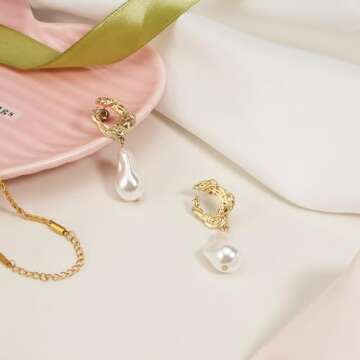 Yowivon Pearl Drop Earrings Baroque 14K Gold Plated Dangle Statement Earring Irregular Pearl Earrings Hypoallergenic Fashion Jewelry Wedding Bridal Gift for Women