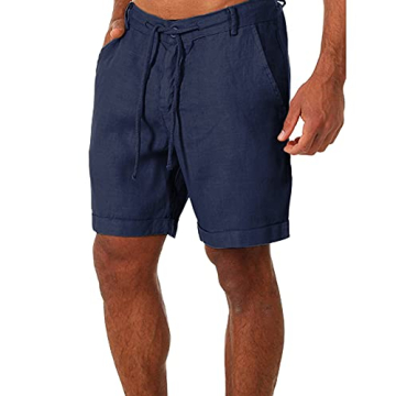 Men's Linen Casual Classic Shorts Elastic Waist Summer Beach Lightweight Board Slim-Fit with Pockets...
