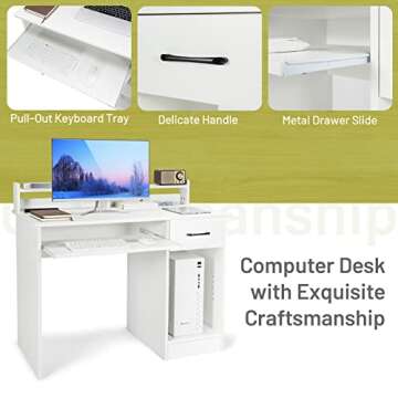 Tangkula White Desk with Drawer & Keyboard Tray, 22 Inch Wide Modern Study Writing Desk with Desktop Hutch & Storage Shelves, Home Office Desk for Teens, Wood PC Laptop Desk, Desk for Bedroom