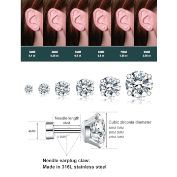 Cubic Zirconia Hypoallergenic Surgical Steel Earrings 6 Pairs
