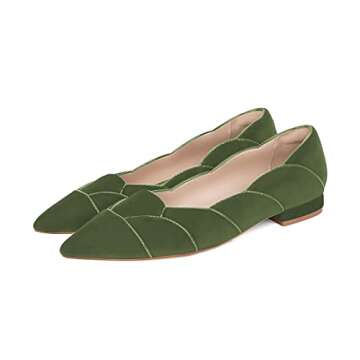 XYD Women's Velvet Pointed Toe Low Heel Flats Slip On Comfort Petal Curve Design Daily Dating Wedding Dressy Mother Shoes Size 10 Green