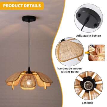 Q&S Natural Rattan Pendant Light Fixtures,Boho Petal Hanging Pendant Light,Small Coastal Wicker Chan...