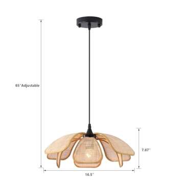 Q&S Natural Rattan Pendant Light Fixtures,Boho Petal Hanging Pendant Light,Small Coastal Wicker Chandeliers for Bedroom Kitchen Island Dining Room Bathroom Hallway Entryway UL Listed