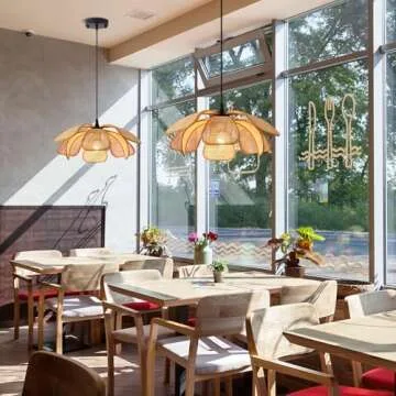 Q&S Natural Rattan Pendant Light Fixtures,Boho Petal Hanging Pendant Light,Small Coastal Wicker Chandeliers for Bedroom Kitchen Island Dining Room Bathroom Hallway Entryway UL Listed