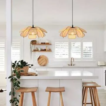 Q&S Natural Rattan Pendant Light Fixtures,Boho Petal Hanging Pendant Light,Small Coastal Wicker Chandeliers for Bedroom Kitchen Island Dining Room Bathroom Hallway Entryway UL Listed