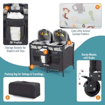 okaytwins Twin Bassinet & Full-Size Infant Bassinet & Playard for Baby, Includes 2 Removable Rock-A-Bye Portable Bassinets with Storage Bags, Light Gray