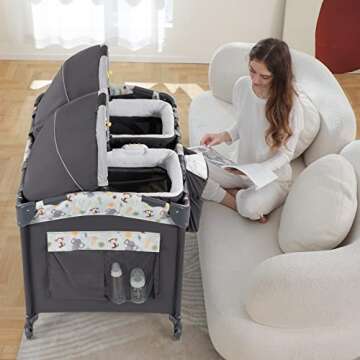 okaytwins Twin Bassinet & Full-Size Infant Bassinet & Playard for Baby, Includes 2 Removable Rock-A-Bye Portable Bassinets with Storage Bags, Light Gray