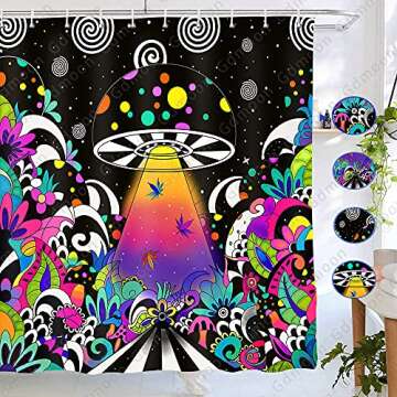 Gdmoon Mushroom Shower Curtain Hippie UFO Nature Plant Abstact Cartoon Magic Art Cool Colorful Funny Spacecraft Star Starry Sky Fabric for Bathroom Decor Accessories Bathtub Curtain 72x72In