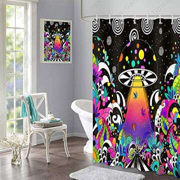 Gdmoon Mushroom Shower Curtain Hippie UFO Nature Plant Abstact Cartoon Magic Art Cool Colorful Funny Spacecraft Star Starry Sky Fabric for Bathroom Decor Accessories Bathtub Curtain 72x72In