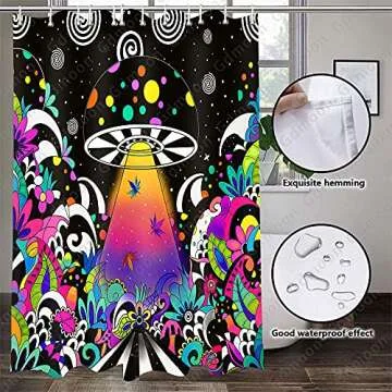 Gdmoon Mushroom Shower Curtain Hippie UFO Nature Plant Abstact Cartoon Magic Art Cool Colorful Funny Spacecraft Star Starry Sky Fabric for Bathroom Decor Accessories Bathtub Curtain 72x72In