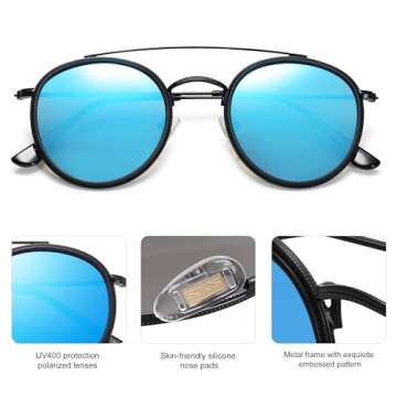 SOJOS Retro Vintage Round Polarized Sunglasses for Women Men Small Double Bridge Circle Sunnies SJ1104, Black/Blue