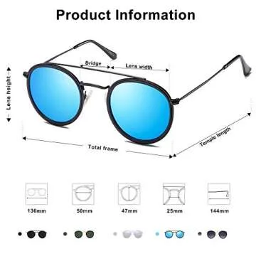 SOJOS Retro Vintage Round Polarized Sunglasses for Women Men Small Double Bridge Circle Sunnies SJ1104, Black/Blue