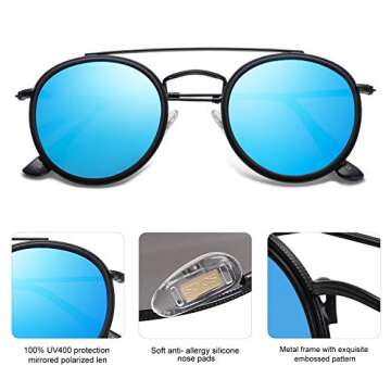 SOJOS Retro Vintage Round Polarized Sunglasses for Women Men Small Double Bridge Circle Sunnies SJ1104, Black/Blue