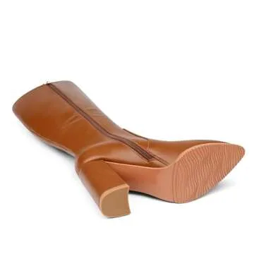 COLETER Women's Knee High Boots Pointed Toe Chunky Gogo Boots Zipper Block Heeled Tall Dress Boots Matte Brown 7US