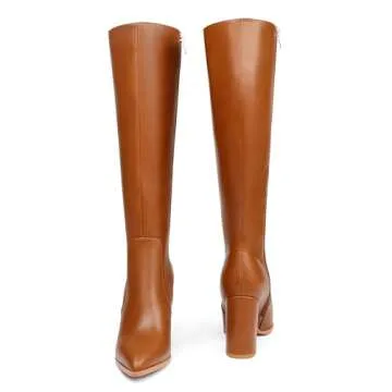 COLETER Women's Knee High Boots Pointed Toe Chunky Gogo Boots Zipper Block Heeled Tall Dress Boots Matte Brown 7US