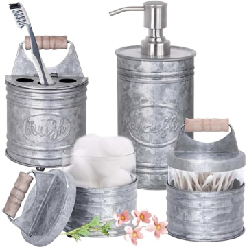 Autumn Alley Rustic Bathroom Accessories Set 4 - Galvanized Soap Dispenser, Rustic Toothbrush Holder...