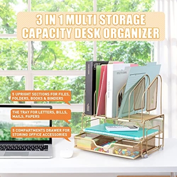 Beiz Gold Desk Organizer with Vertical File Holders and Drawer