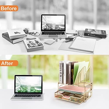 Beiz Gold Desk Organizer with Vertical File Holders and Drawer