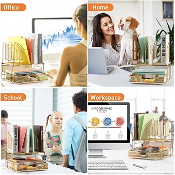 Beiz Gold Desk Organizer with Vertical File Holders and Drawer