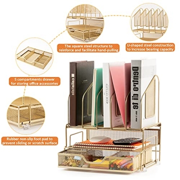 Beiz Gold Desk Organizer with Vertical File Holders and Drawer