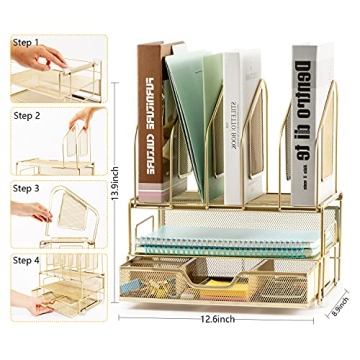Beiz Gold Desk Organizer with Vertical File Holders and Drawer