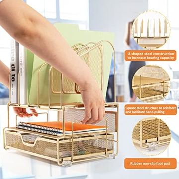 Beiz Gold Desk Organizer with Vertical File Holders and Drawer