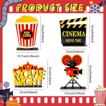4 Pieces Movie Night Decorations Movie Theater Table Wooden Centerpieces Sign Hollywood Theme Party ...