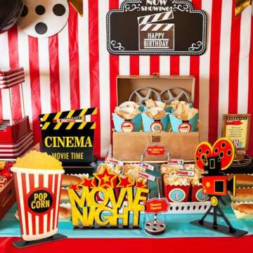 4 Pieces Movie Night Decorations Movie Theater Table Wooden Centerpieces Sign Hollywood Theme Party Decorations for Cinema Movie Time Birthday Party Favors Supplies