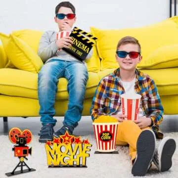 4 Pieces Movie Night Decorations Movie Theater Table Wooden Centerpieces Sign Hollywood Theme Party Decorations for Cinema Movie Time Birthday Party Favors Supplies