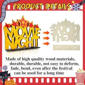 4 Pieces Movie Night Decorations Movie Theater Table Wooden Centerpieces Sign Hollywood Theme Party Decorations for Cinema Movie Time Birthday Party Favors Supplies