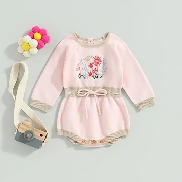 ZAXARRA Cute Baby Girl Sweater Romper with Embroidery Flower