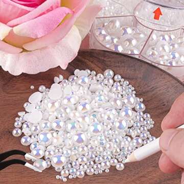 5600 Pcs Nail Art Flat Back Half Round Pearl Kits 1, 1 Box of Flat-Back White AB Pearl with Tweezer ...